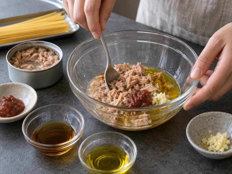 梅しそのスパゲッティー：和え衣を作る。
